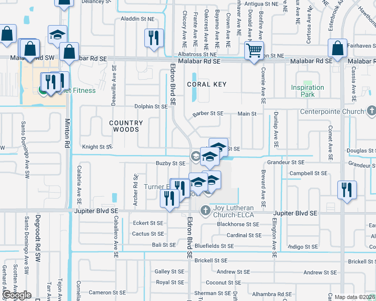 map of restaurants, bars, coffee shops, grocery stores, and more near 414 Hatcher Street Southeast in Palm Bay