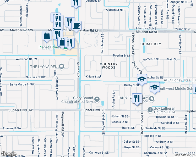 map of restaurants, bars, coffee shops, grocery stores, and more near 190 Knight Street Southeast in Palm Bay