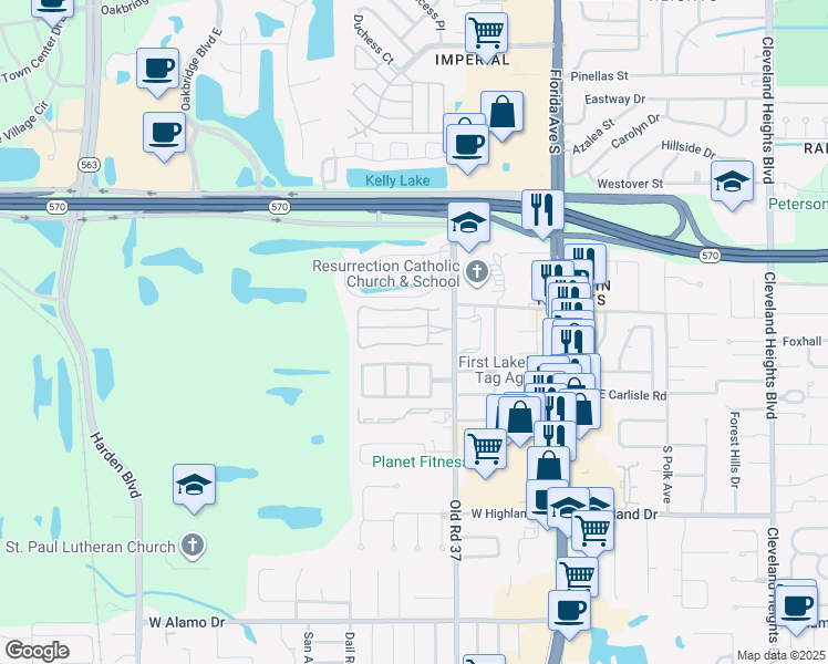 map of restaurants, bars, coffee shops, grocery stores, and more near 528 Villa Vista Boulevard in Lakeland