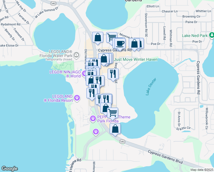 map of restaurants, bars, coffee shops, grocery stores, and more near 5858 Cypress Gardens Boulevard in Winter Haven