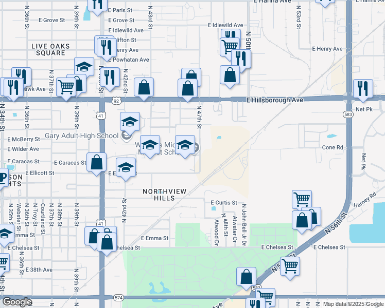 map of restaurants, bars, coffee shops, grocery stores, and more near 5020 North 47th Street in Tampa