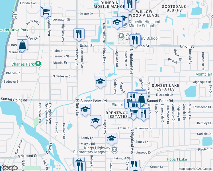map of restaurants, bars, coffee shops, grocery stores, and more near 1943 Kings Highway in Clearwater