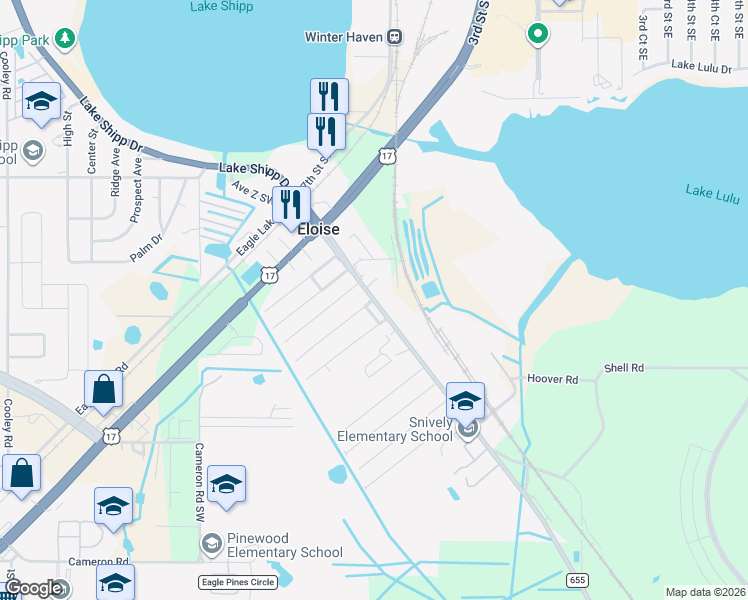 map of restaurants, bars, coffee shops, grocery stores, and more near 602 Snively Avenue in Eloise