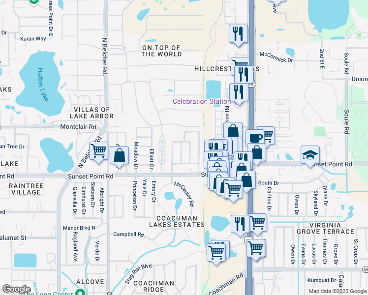 map of restaurants, bars, coffee shops, grocery stores, and more near 1933 Summit Drive in Clearwater