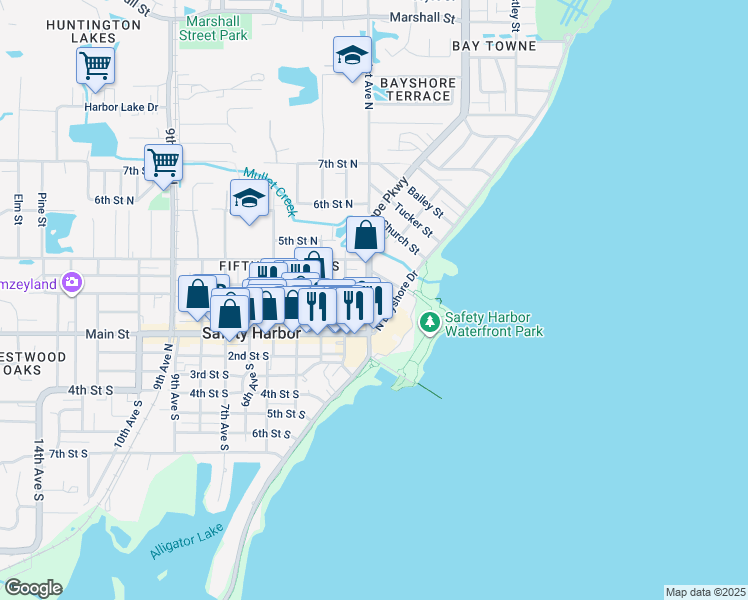map of restaurants, bars, coffee shops, grocery stores, and more near 105 North Bayshore Drive in Safety Harbor