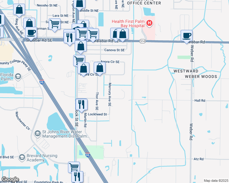 map of restaurants, bars, coffee shops, grocery stores, and more near 1891 Convair Street Southeast in Palm Bay