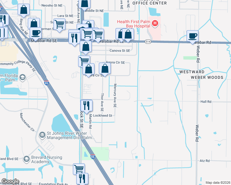 map of restaurants, bars, coffee shops, grocery stores, and more near 1831 Convair Street Southeast in Palm Bay