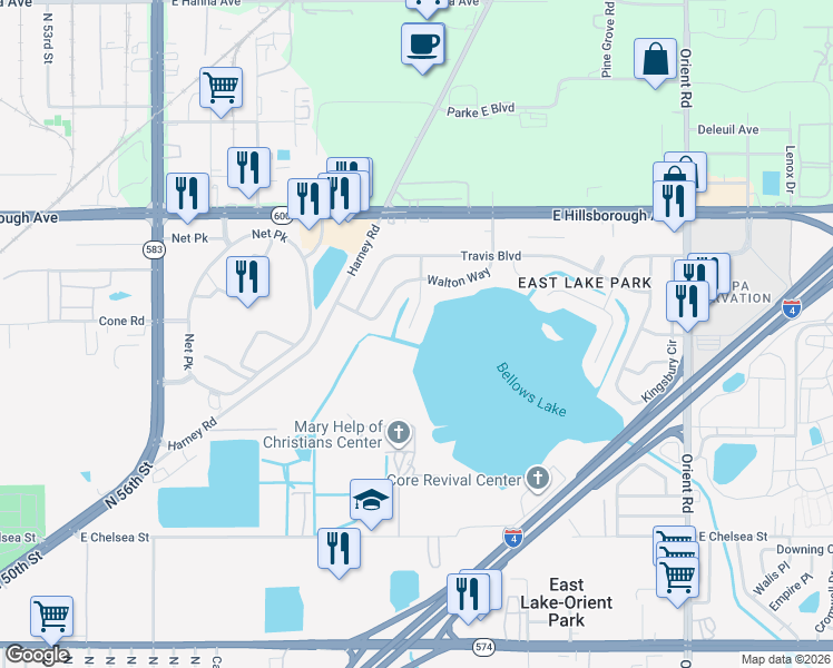 map of restaurants, bars, coffee shops, grocery stores, and more near 5103 Vinson Drive in Tampa
