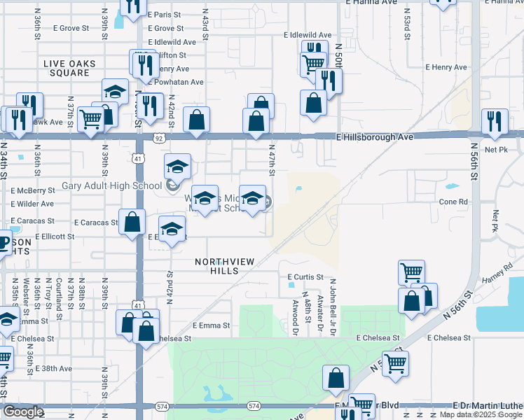 map of restaurants, bars, coffee shops, grocery stores, and more near 5020 North 47th Street in Tampa