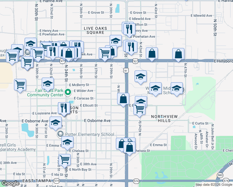 map of restaurants, bars, coffee shops, grocery stores, and more near 3909 E Caracas St in Tampa