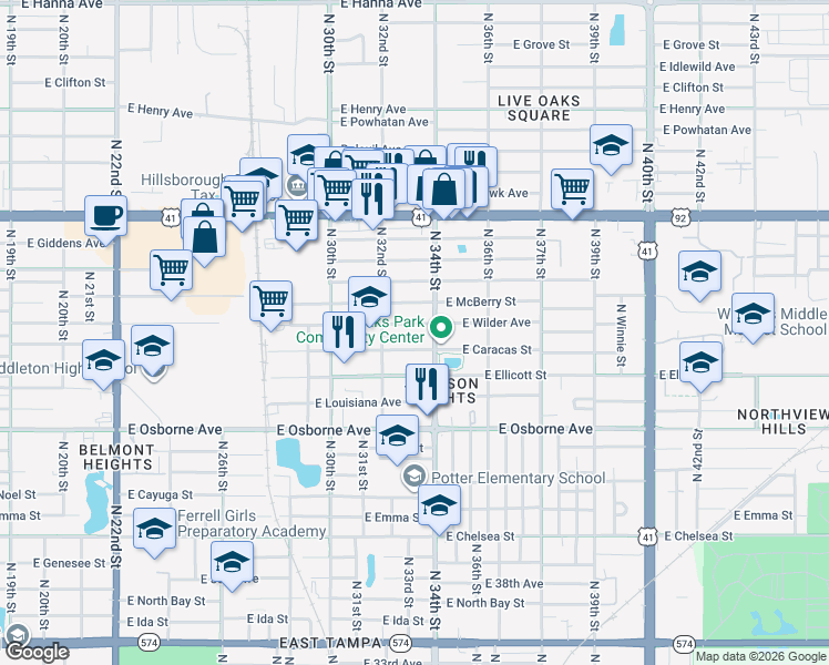 map of restaurants, bars, coffee shops, grocery stores, and more near 3212 East Caracas Street in Tampa