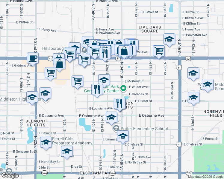 map of restaurants, bars, coffee shops, grocery stores, and more near 3212 East Caracas Street in Tampa