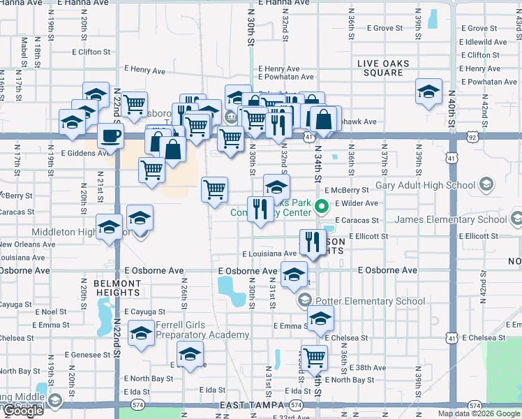 map of restaurants, bars, coffee shops, grocery stores, and more near 5014 North 30th Street in Tampa
