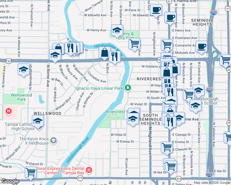 map of restaurants, bars, coffee shops, grocery stores, and more near 4927 North River Shore Drive in Tampa