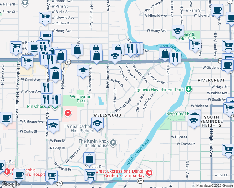 map of restaurants, bars, coffee shops, grocery stores, and more near 4905 West Bartlett Drive in Tampa