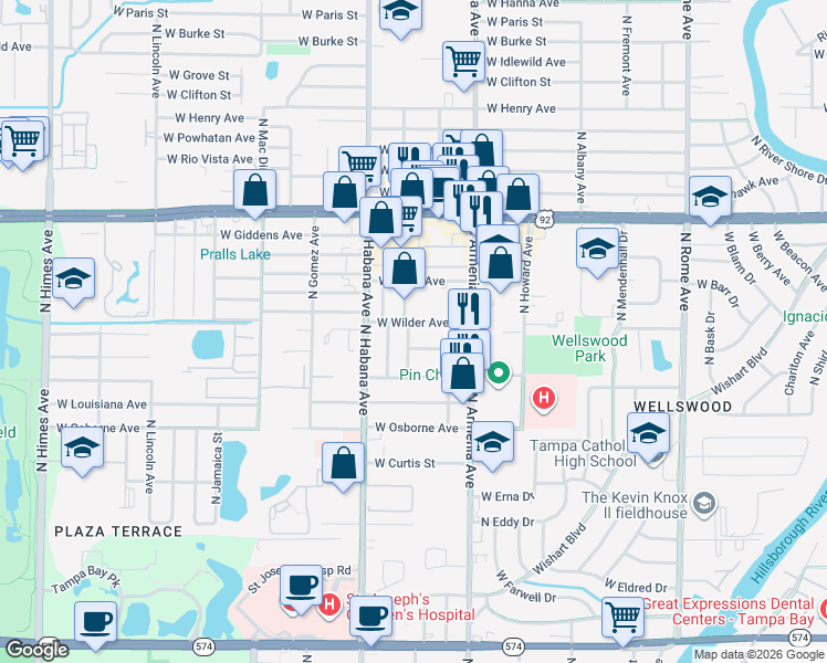 map of restaurants, bars, coffee shops, grocery stores, and more near 2523 West South Avenue in Tampa