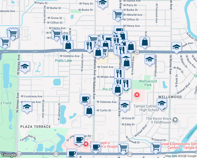 map of restaurants, bars, coffee shops, grocery stores, and more near 4912 North Arrawana Avenue in Tampa