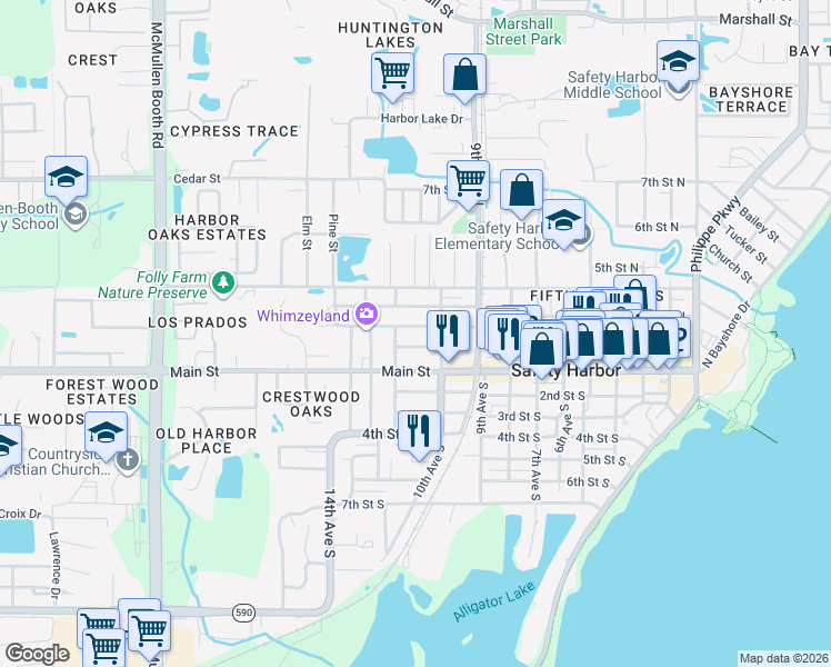 map of restaurants, bars, coffee shops, grocery stores, and more near 1018 Cherokee Street in Safety Harbor