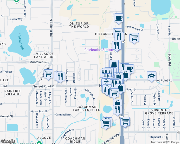 map of restaurants, bars, coffee shops, grocery stores, and more near 1933 Summit Drive in Clearwater