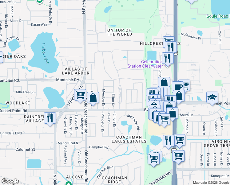 map of restaurants, bars, coffee shops, grocery stores, and more near 1942 Elliott Drive in Clearwater