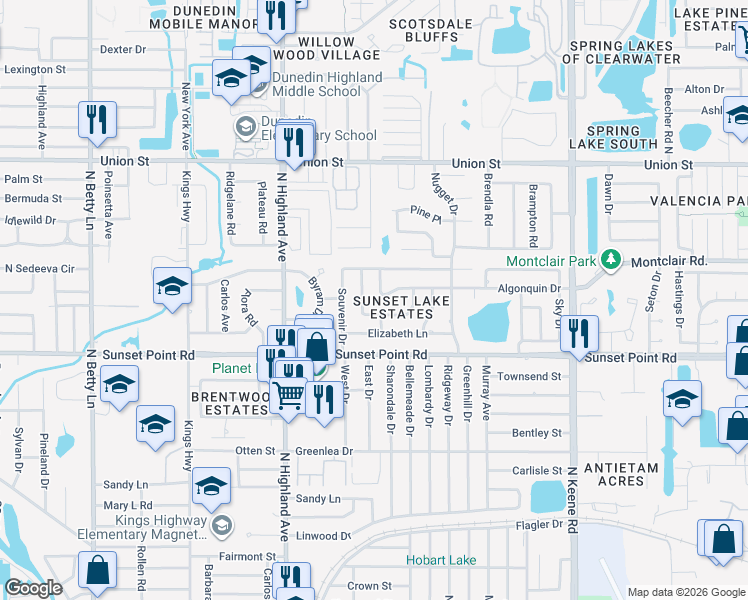map of restaurants, bars, coffee shops, grocery stores, and more near 1561 Picardy Circle in Clearwater