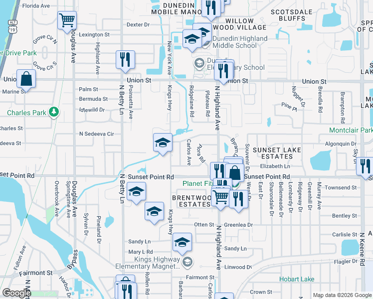 map of restaurants, bars, coffee shops, grocery stores, and more near 1925 Carlos Avenue in Clearwater
