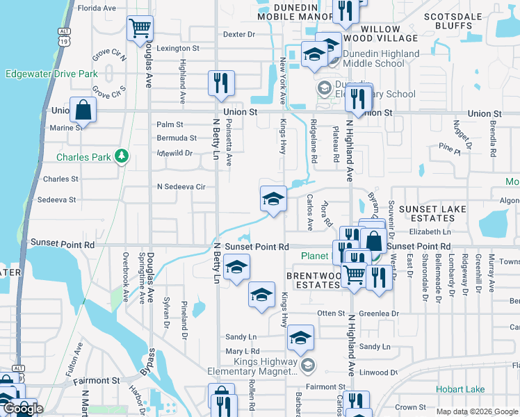 map of restaurants, bars, coffee shops, grocery stores, and more near 1390 Sunset Point Road in Clearwater