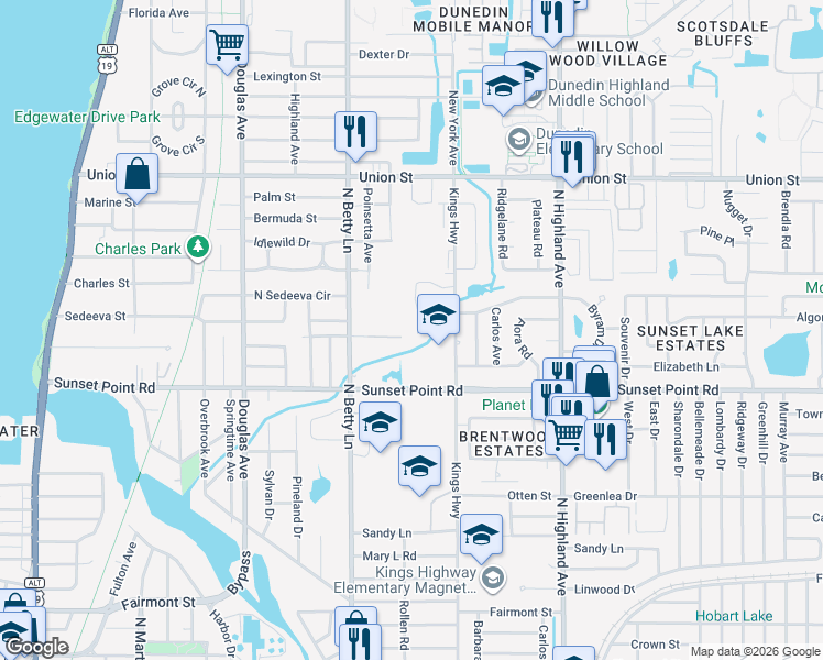 map of restaurants, bars, coffee shops, grocery stores, and more near 1370 State Street in Clearwater