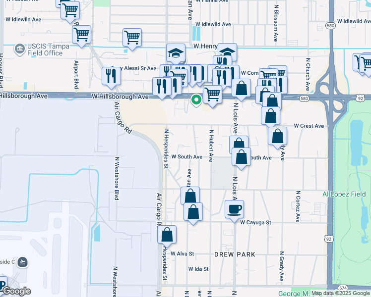 map of restaurants, bars, coffee shops, grocery stores, and more near 4402 West South Avenue in Tampa