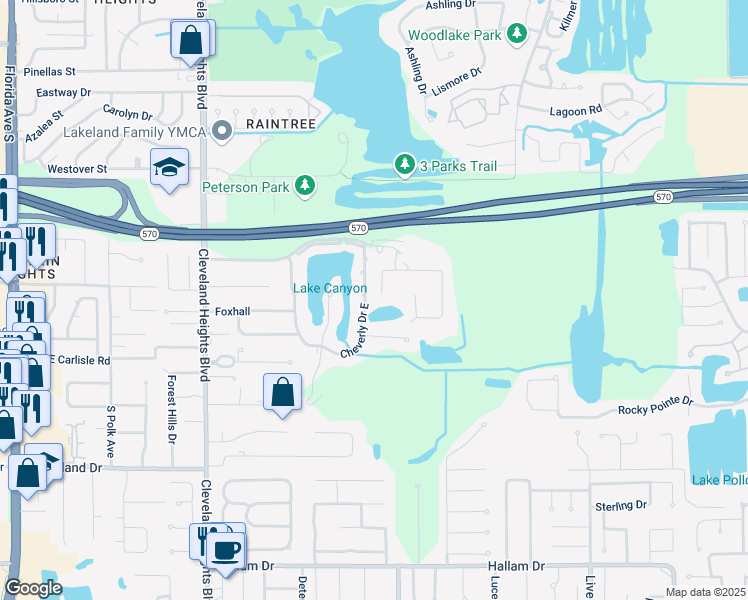 map of restaurants, bars, coffee shops, grocery stores, and more near 3937 Cheverly Drive East in Lakeland