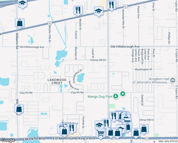 map of restaurants, bars, coffee shops, grocery stores, and more near 11508 Grove Lane in Seffner