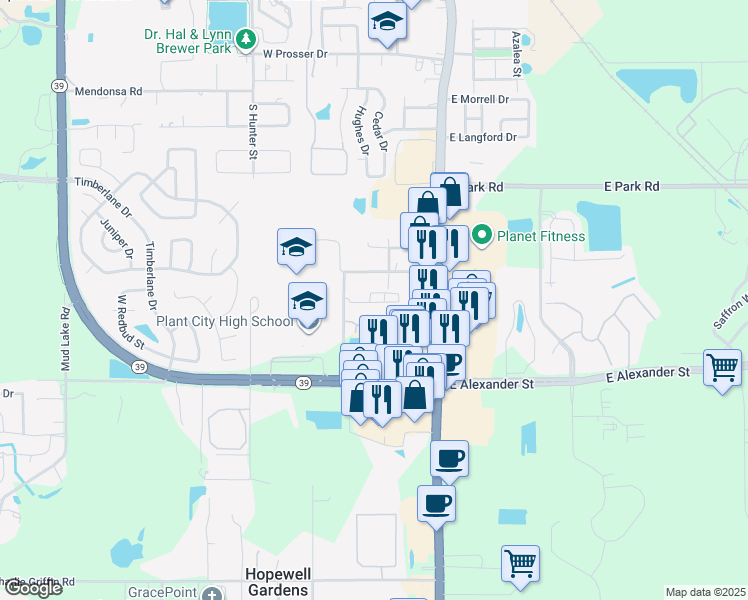 map of restaurants, bars, coffee shops, grocery stores, and more near 2302 South Maki Road in Plant City