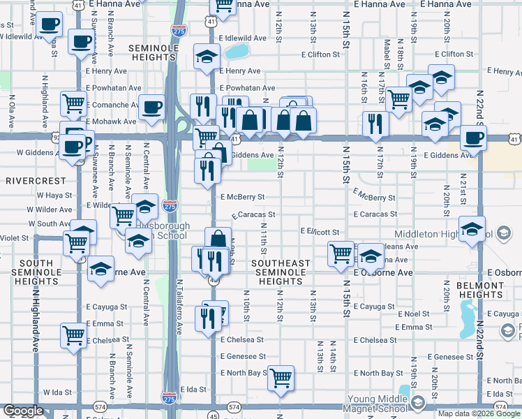 map of restaurants, bars, coffee shops, grocery stores, and more near 1105 East Caracas Street in Tampa