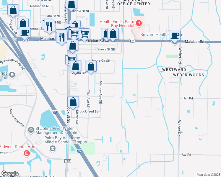map of restaurants, bars, coffee shops, grocery stores, and more near 1891 Convair Street Southeast in Palm Bay