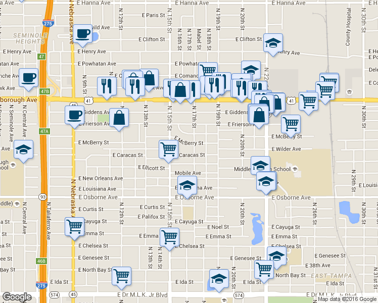map of restaurants, bars, coffee shops, grocery stores, and more near 1518 East Ellicott Street in Tampa