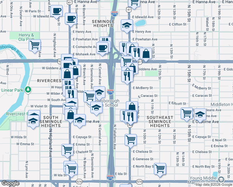 map of restaurants, bars, coffee shops, grocery stores, and more near 701 East Caracas Street in Tampa