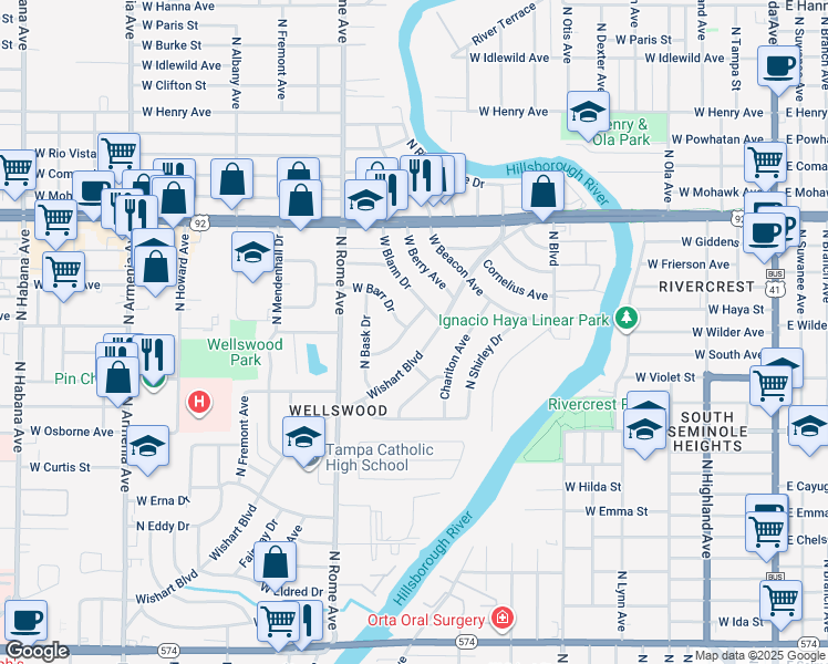 map of restaurants, bars, coffee shops, grocery stores, and more near 4919 Wishart Boulevard in Tampa