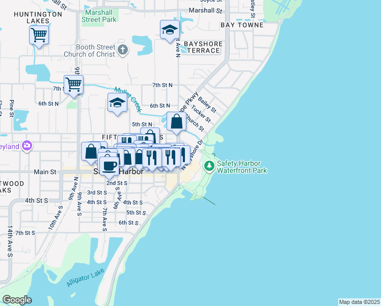 map of restaurants, bars, coffee shops, grocery stores, and more near 105 North Bayshore Drive in Safety Harbor