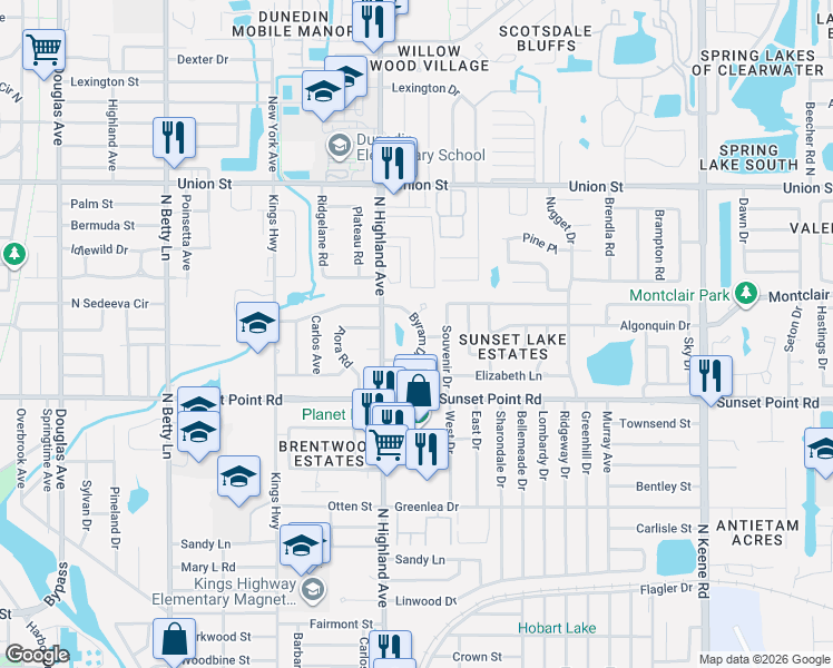 map of restaurants, bars, coffee shops, grocery stores, and more near 1948 Byram Drive in Clearwater