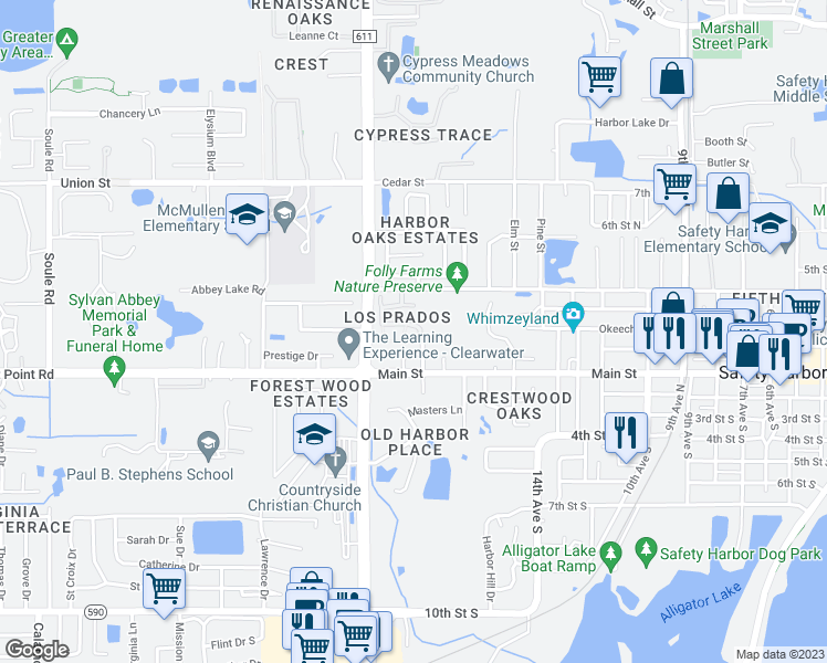 map of restaurants, bars, coffee shops, grocery stores, and more near 200 Los Prados Drive in Safety Harbor