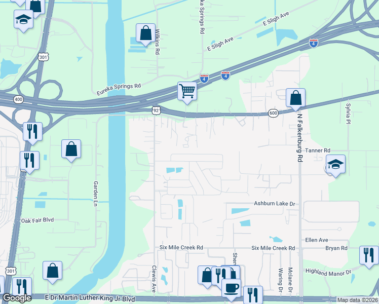 map of restaurants, bars, coffee shops, grocery stores, and more near 9601 U.S. 92 in Tampa