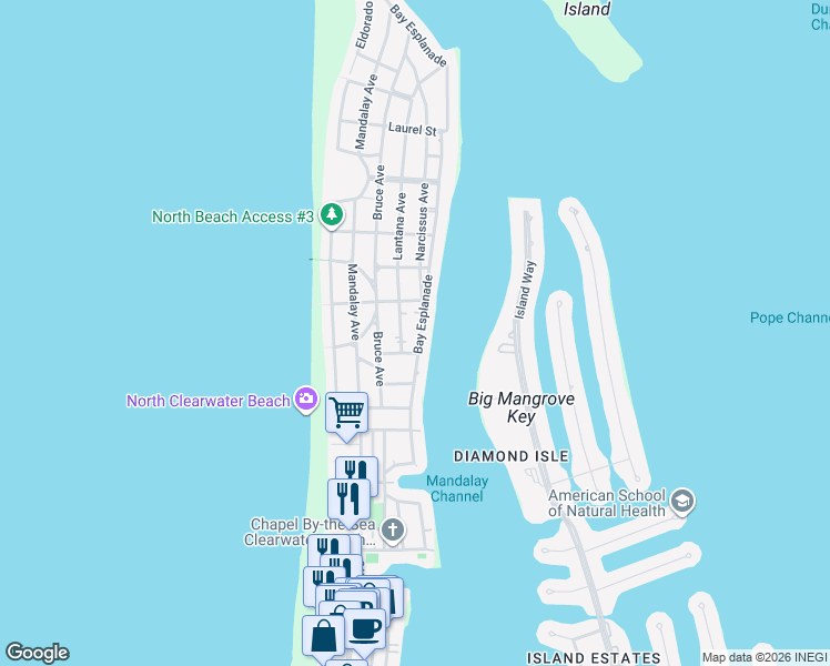 map of restaurants, bars, coffee shops, grocery stores, and more near 783 Bay Esplanade in Clearwater