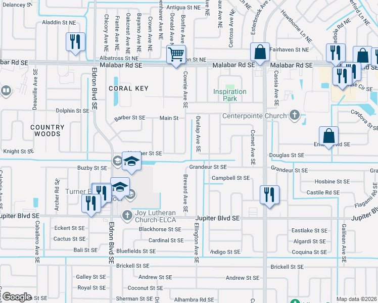 map of restaurants, bars, coffee shops, grocery stores, and more near 343 Cownie Avenue Southeast in Palm Bay