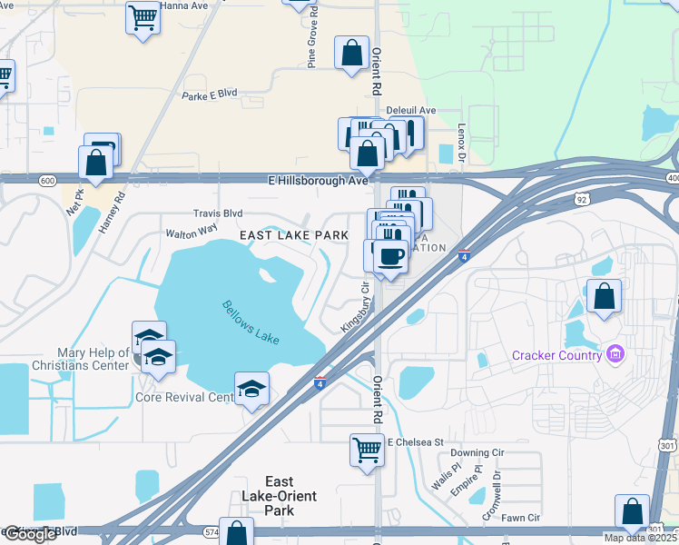 map of restaurants, bars, coffee shops, grocery stores, and more near 7114 Kingsbury Circle in Tampa