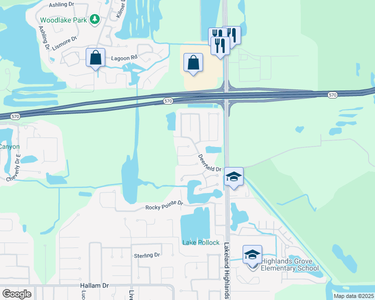map of restaurants, bars, coffee shops, grocery stores, and more near 2027 Woodbriar Loop North in Lakeland
