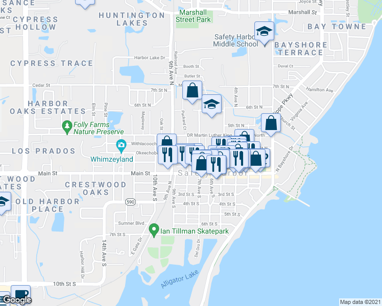 map of restaurants, bars, coffee shops, grocery stores, and more near 340 8th Avenue South in Safety Harbor