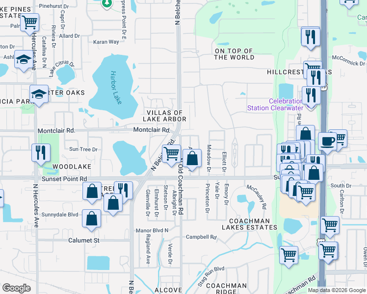 map of restaurants, bars, coffee shops, grocery stores, and more near 1970 Atlantis Drive in Clearwater