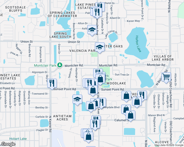 map of restaurants, bars, coffee shops, grocery stores, and more near 1961 Radcliffe Drive East in Clearwater