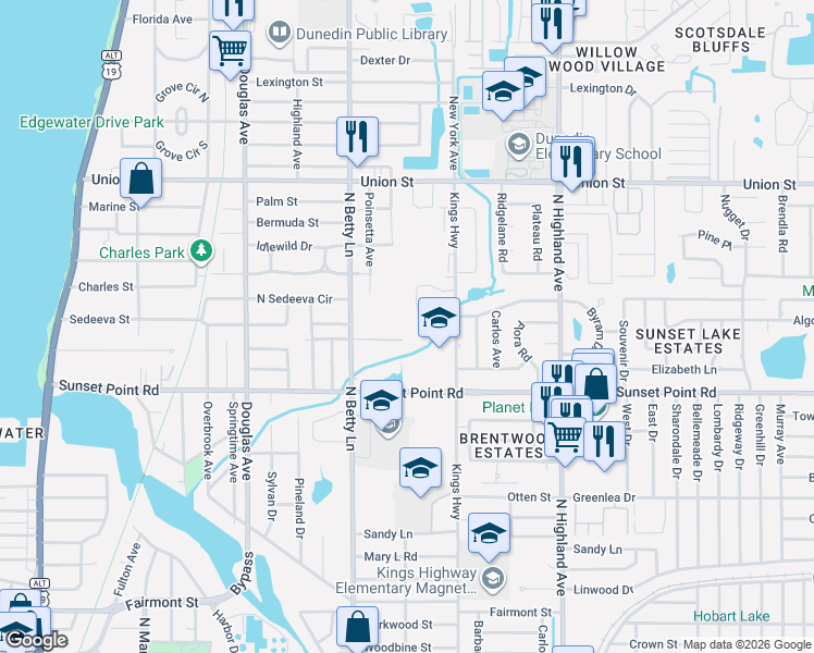 map of restaurants, bars, coffee shops, grocery stores, and more near 1988 Freedom Drive in Clearwater
