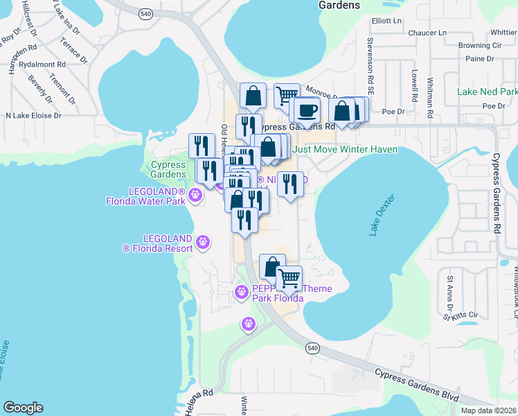 map of restaurants, bars, coffee shops, grocery stores, and more near 5850 Cypress Gardens Boulevard in Winter Haven